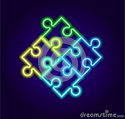 A puzzle with a neon sign several multi-colored connected. Abstract puzzle symbol. Isolated luminous blue, green and Vector Illustration