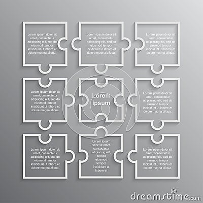 Puzzle Nine Pieces Square Infographics. 9 Steps. Vector Illustration