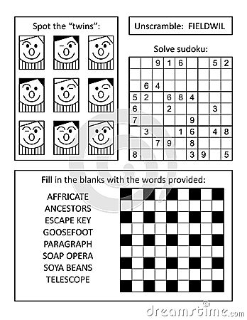 Puzzle page for grown-ups with 4 variety puzzles: two word games, visual riddle and sudoku. Vector Illustration