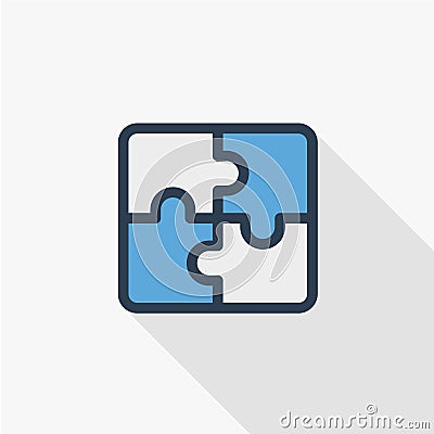 Puzzle part, jigsaw piece, solution thin line flat color icon. Linear vector symbol. Colorful long shadow design. Vector Illustration