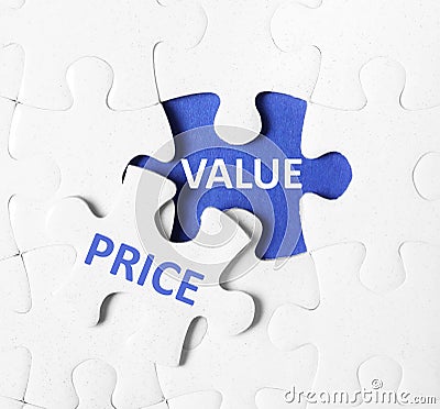Puzzle with phrase PRICE VALUE on background, top view Stock Photo