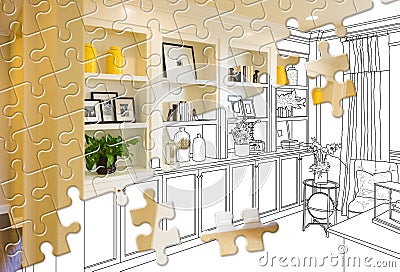Puzzle Pieces Fitting Together Revealing Finished Built-In Build Over Drawing Stock Photo