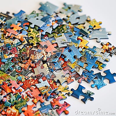 Puzzle pieces scattered and connected on a flat surface, showcasing a section of a complex neurographic pattern Stock Photo