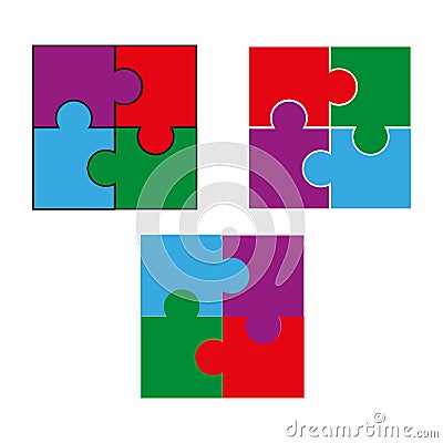 Puzzle pieces vector. Colorful four parts. Square jigsaw shapes. Interlocking design elements. Vector Illustration