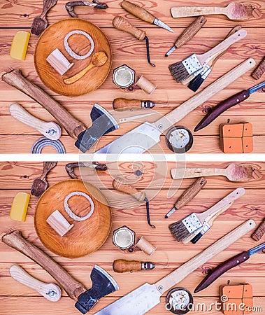 Puzzle quiz, find missing five woodworking tools. Easy level. Stock Photo