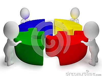 Puzzle Solved And 3d Characters Shows Unity And Cooperation Stock Photo