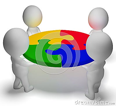 Puzzle Solved And 3d Characters Showing Team And Teamwork Stock Photo