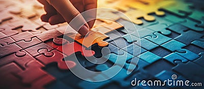 Puzzle Solver: Closeup of Determined Person Solving Colorful Puzzle with Copy Space for Marketing or Editorial Use, Symb Stock Photo