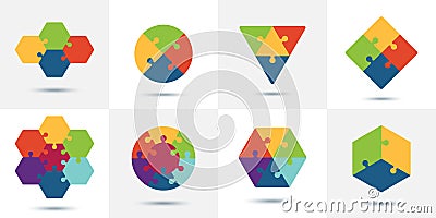 Puzzle templates set - square, round, triangular and hexagonal. Ð¡olored connected puzzle pieces for infographics and business Vector Illustration