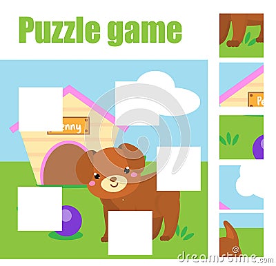 Puzzle for toddlers. Complete the picture with dog. Educational game for children. Animals theme worksheet Vector Illustration