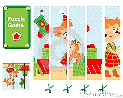 Puzzle for toddlers. Educational game. Complete the picture with girl unpack Christmas gifts. New Year holidays theme Vector Illustration
