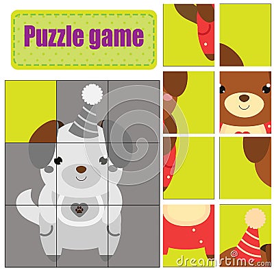 Puzzle for toddlers. Match pieces and complete the picture. Activity for pre school years kids. Animals theme. Cute puppy Vector Illustration