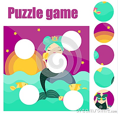 Puzzle for toddlers. Match pieces and complete the picture. Educational game for pre school years kids with mermaid Vector Illustration