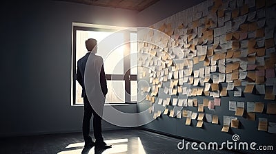 Puzzled businessman stands near board with lots of sticky notes for reminders Stock Photo