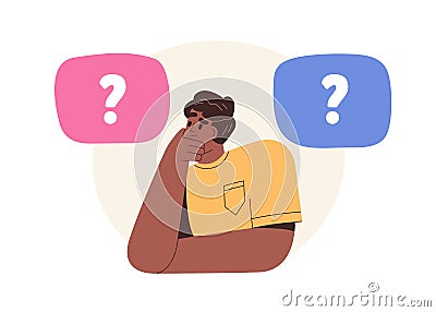 Puzzled confused person with concept questions. Man thinking, doubting, making choice, decision between two options Vector Illustration