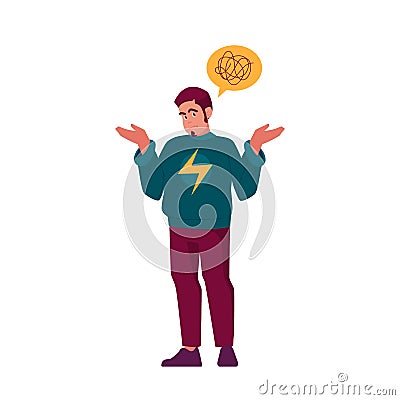 Puzzled Man Solving Problem, Confused Male Character with Tangled Thoughts in Mind Thinking, Searching Solution Vector Illustration