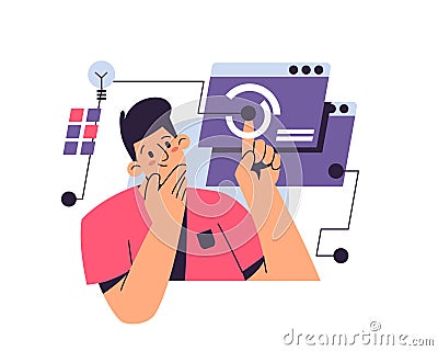 Puzzled man thinking about task, data research Vector Illustration