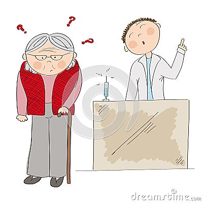 Puzzled old lady or grandmother thinking about vaccination Vector Illustration