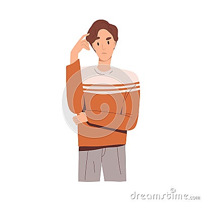 Puzzled pensive man thinking and scratching his head with finger, finding solutions. Thoughtful questioned worried Vector Illustration