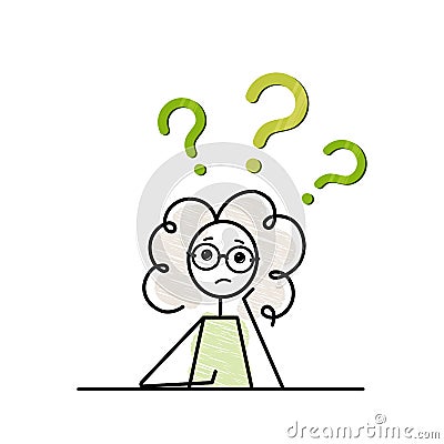 puzzled pensive young curly teen girl with green question marks overhead vector sketch illustration Vector Illustration