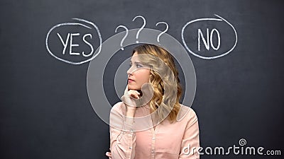 Puzzled woman choosing between yes no, stereotype of uncertain female thinking Stock Photo