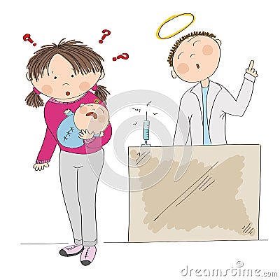 Puzzled young mother holding her baby boy. Vaccinate or not? Vector Illustration