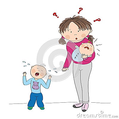 Puzzled young mother with two crying children Vector Illustration