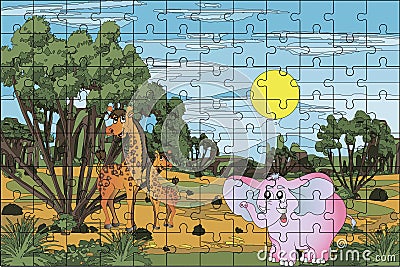 Puzzles. African landscape with giraffes and pink elephant for kids. Cartoon. 96 pcs Vector Illustration