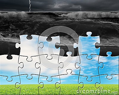 Puzzles with beautiful landscape assembled to cover bad situation Stock Photo