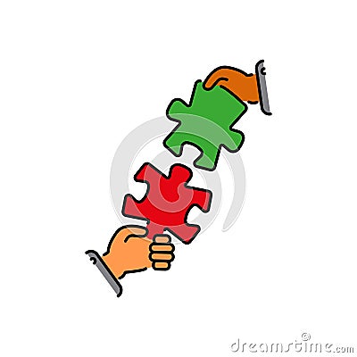 Puzzles connect in hands color vector icon, sign, symbol. Business matching concept. Connecting elements puzzle in hand Vector Illustration