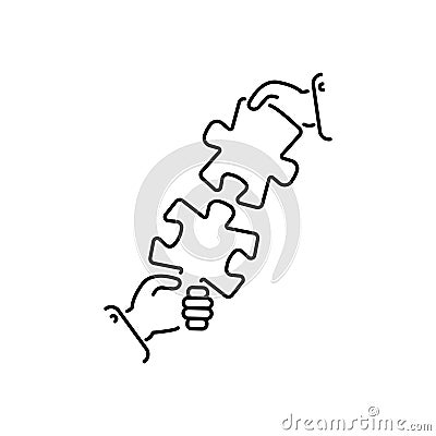 Puzzles connect in hands line, linear vector icon, sign, symbol. Business matching concept. Connecting elements puzzle in hand Vector Illustration
