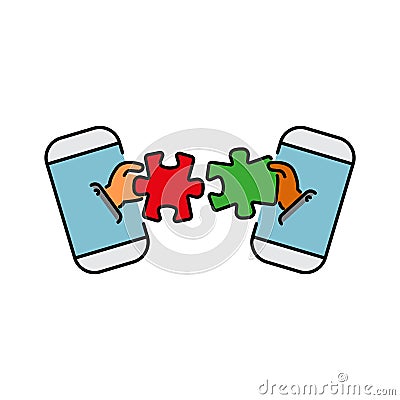 Puzzles connect in hands from smartphone color vector icon, sign, symbol. Business matching concept. Connecting elements puzzle Vector Illustration