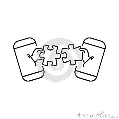 Puzzles connect in hands from smartphone line, linear vector icon, sign, symbol. Business matching concept. Connecting elements Vector Illustration