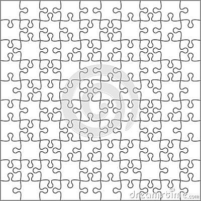 Puzzles grid template. Jigsaw puzzle 100 pieces, thinking game and 10x10 jigsaws detail frame design. Business assemble metaphor Vector Illustration