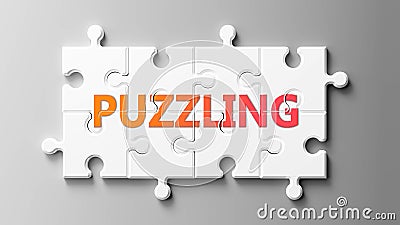 Puzzling complex like a puzzle - pictured as word Puzzling on a puzzle pieces to show that Puzzling can be difficult and needs Cartoon Illustration