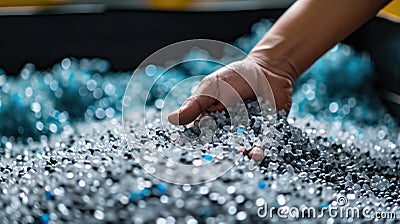 PVC granulate, recycled plastic granules, biodegradable plastic. Placer of granules of eco-friendly plastic raw material Stock Photo