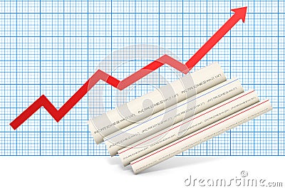PVC pipes, composite pipe, uPVC pipe, cPVC pipe with growing chart. 3D rendering Stock Photo