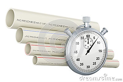 PVC pipes, composite pipe, uPVC pipe, cPVC pipe with stopwatch, 3D rendering Stock Photo