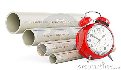 PVC pipes, composite pipe, uPVC pipe, cPVC pipe with alarm clock, 3D rendering Stock Photo