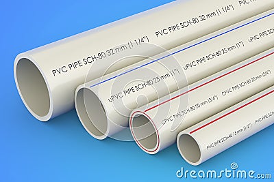 PVC pipes, composite pipe, uPVC pipe, cPVC pipe on blue background, 3D rendering Stock Photo