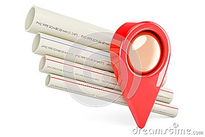 PVC pipes, composite pipe, uPVC pipe, cPVC pipe with map pointer, 3D rendering Stock Photo