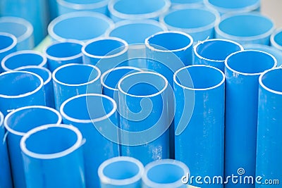 PVC pipes for drinking water in warehouse.Polyvinyl chloride; IUPAC: Polychloroethene Stock Photo