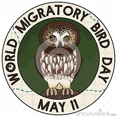 Button with Cute Northern Saw-whet Owl Celebrating Migratory Bird Day, Vector Illustration Vector Illustration