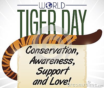 Striped Tail, Scroll with Precepts and Globe for World Tiger Day, Vector Illustration Vector Illustration