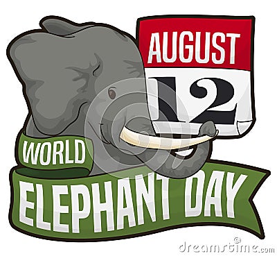 Elephant Face, Calendar and Ribbons to Celebrate World Elephant Day, Vector Illustration Vector Illustration