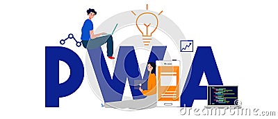 PWA Progressive Web App, the latest website applications technology with fast loading offline service worker caching Vector Illustration