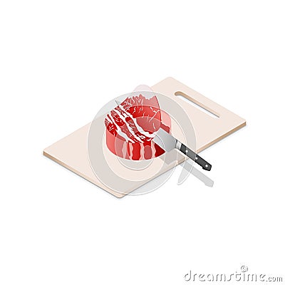 Cutting up the fresh beef with a chef`s knife. Isometric view. Vector Illustration