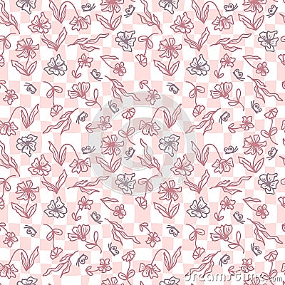 Pychedelic eamless pattern with flowers and butterflies on grid distorted background. Groovy summer print for fabric, paper, T- Cartoon Illustration