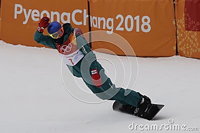 Bronze medalist Scotty James of Australia competes in the men`s snowboard halfpipe final at the 2018 Winter Olympics Editorial Stock Photo