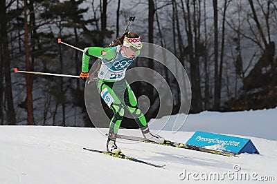 Olympic champion Darya Domracheva of Belarus competes in biathlon Women`s 15km Individual at the 2018 Winter Olympics Editorial Stock Photo